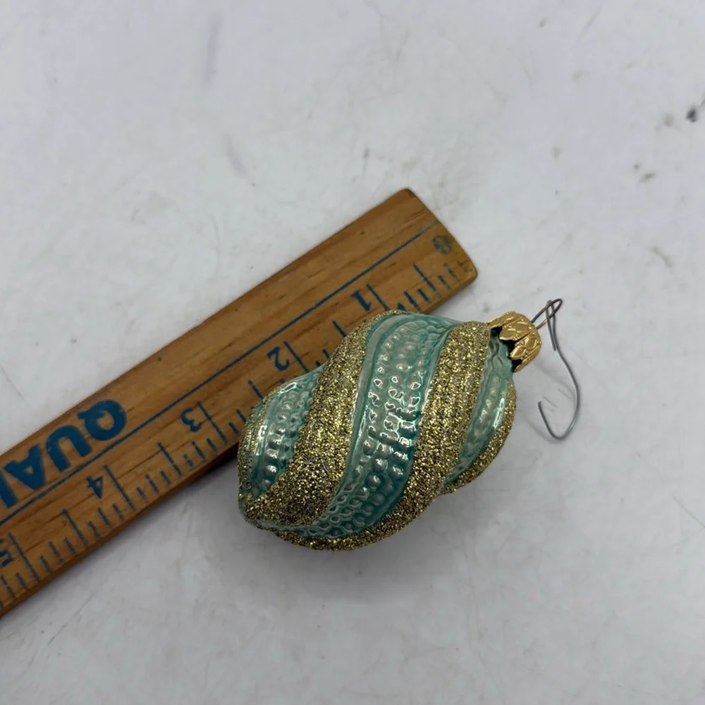 Vtg W Germany Gold Blue Glitter Christmas Glass Ornament Set 5 Collectible Swirl
